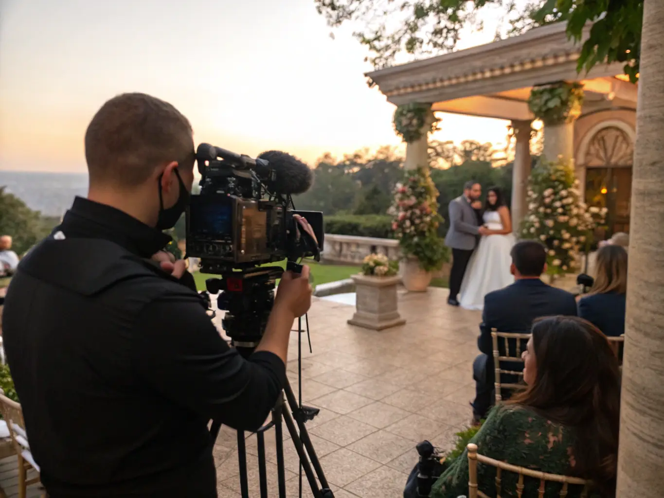 A videographer filming a wedding ceremony with professional equipment, capturing the emotion and atmosphere of the event with high-definition quality.