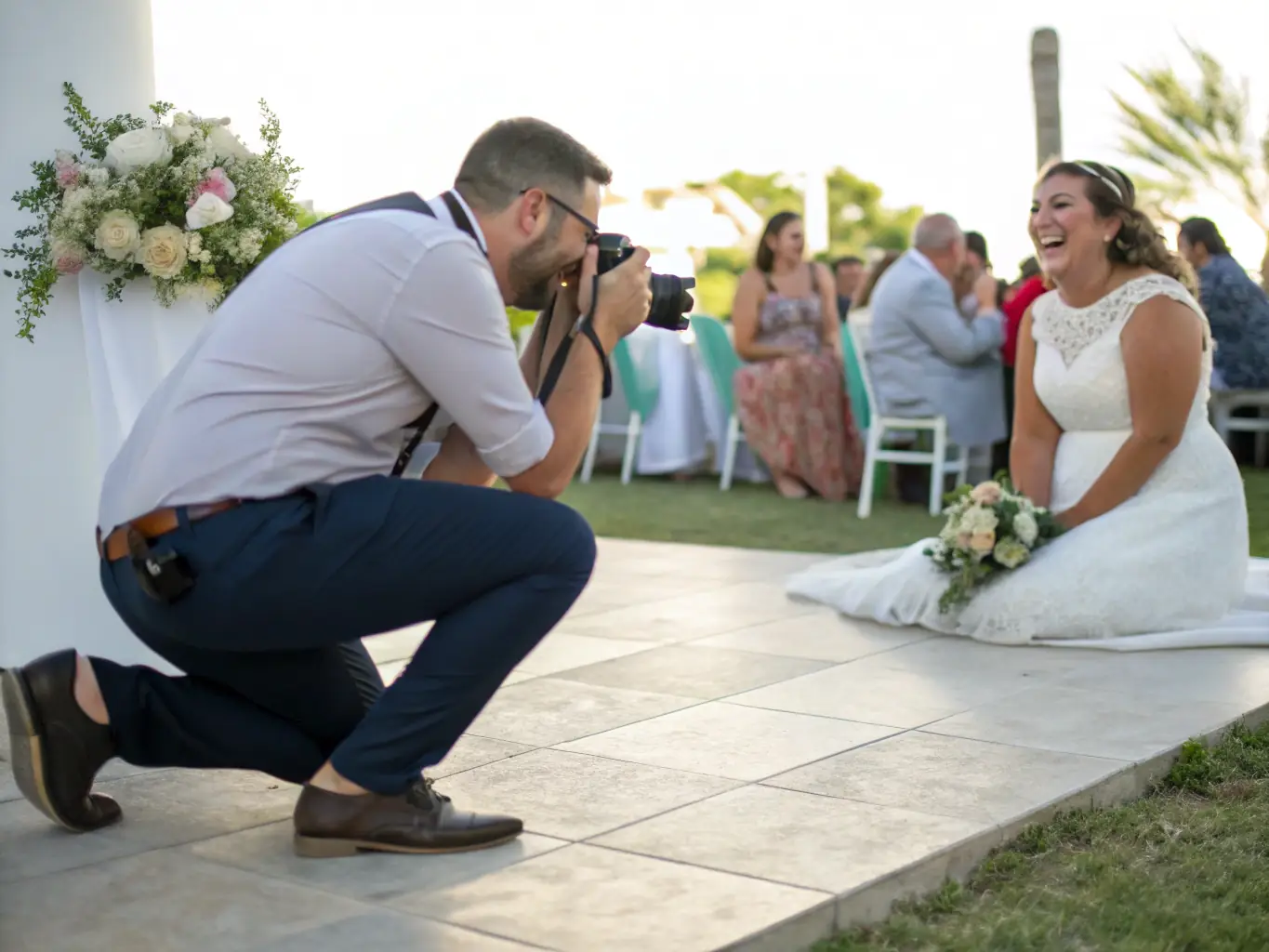A photographer capturing a candid moment at a wedding with a professional camera, showcasing the artistry and skill involved in capturing special moments.