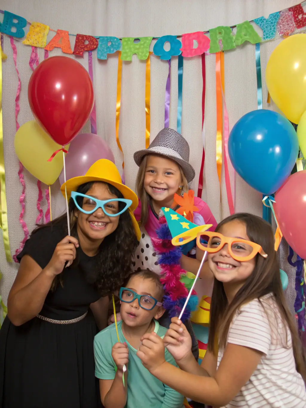 A themed photobooth at a birthday party, featuring fun props and a vibrant backdrop, capturing the excitement and joy of the celebration.