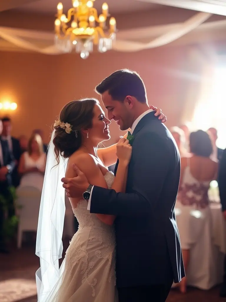 A professional photographer capturing candid moments at a wedding reception, focusing on the bride and groom's first dance, highlighting the emotional and artistic quality.
