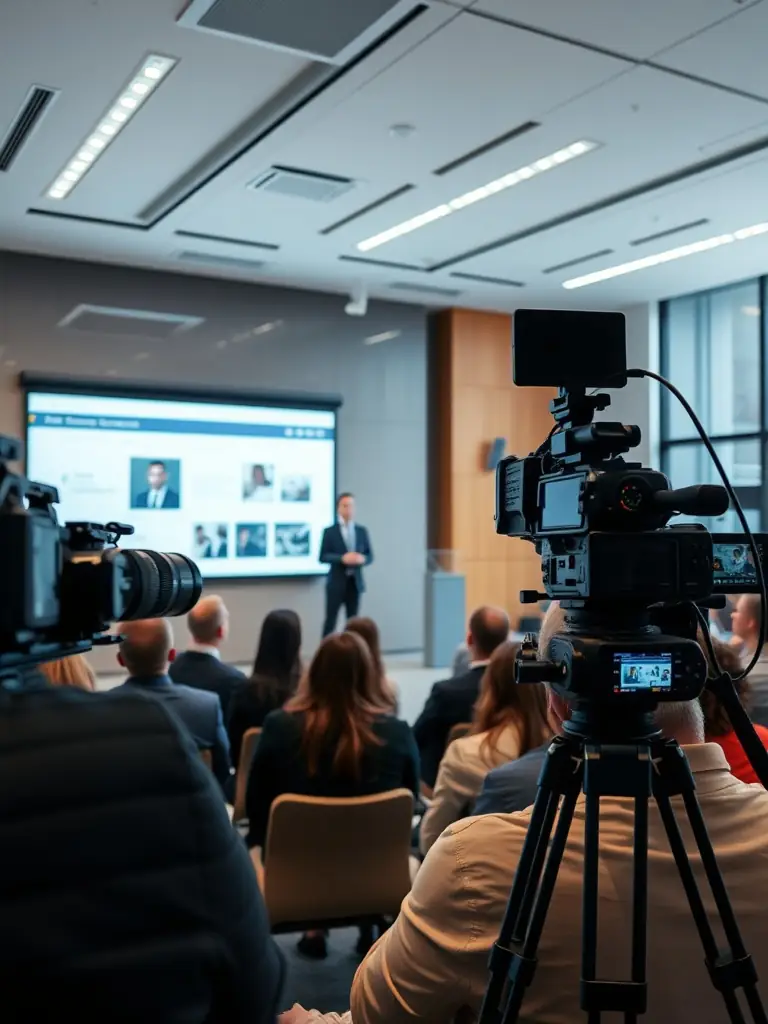 A videographer filming a corporate product launch, capturing key speakers, product demos, and attendee reactions, emphasizing the dynamic and engaging atmosphere.